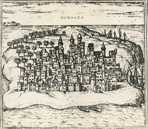 Staden Mombasa i Kenya, gravyr från Världsbanken av Georg Braun and Hogenberg Franz