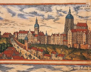 Tjeckien, Prag, Utsikt över citadellet, färggravyr från Civitates Orbis Terrarum av Georg Braun (1541-1622) och Franz Hogenberg (1535-1590) av Georg Braun and Hogenberg Franz