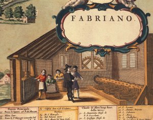 Detalj som representerar pappersindustrin i staden Fabriano, av Georg Braun av Georg Braun and Hogenberg Franz