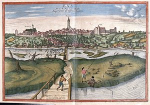Enns, Österrike (gravyr av Georg Braun and Hogenberg Franz