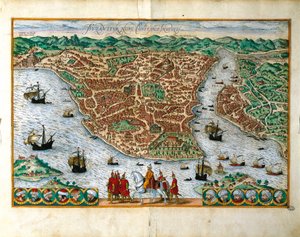Italien, Milano, Perspektivvy av staden Konstantinpol av Georg Braun (1541-1622) och Franz Hogenberg (1535-1590), färggravyr av Georg Braun and Hogenberg Franz