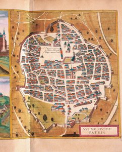 Italien, Sulmona, staden Sulmona från Civitates Orbis Terrarum av Georg Braun och Franz Hogenberg, gravyr av Georg Braun and Hogenberg Franz