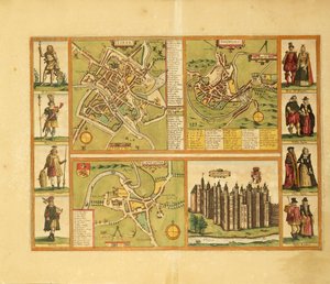Karta över York, Shrewbury, Lancaster och Richmond Castle från Civitates Orbis Terrarum av George Braun av Georg Braun and Hogenberg Franz