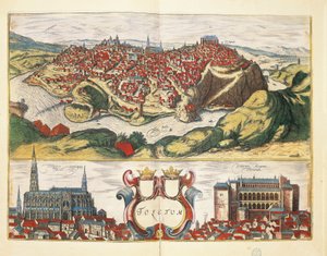 Spanien, Toledo, Staden Toledo från Civitates Orbis Terrarum av Georg Braun och Franz Hogenberg, gravyr av Georg Braun and Hogenberg Franz