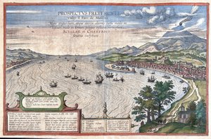 Detroit av Messina, mellan Sicilien och Kalabrien (Italien) (gravyr av Georg Braun and Hogenberg Franz