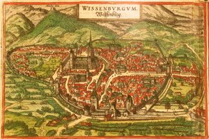 Wissembourg, Vita slottet, Alsace av Georg and Hogenberg Franz (1535 90) Braun