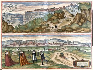 Acquapendente (provinsen Viterbo) och Treviso, Italien (gravyr av Georg Braun and Hogenberg Franz