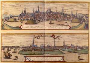 Uppifrån över staden Lubeck, nedanför staden Hamburg i Tyskland. Gravyr från atlasen över "Braun och Hogenberg" 1572 av Georg Braun and Hogenberg Franz