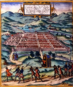 Cuzco, inkacivilisationens huvudcentrum. Atlas de Braun & Hogenberg av Georg Braun and Hogenberg Franz