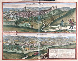 Eisenstadt och Mannersdorf am Leithagebirge, Österrike (gravyr av Georg Braun and Hogenberg Franz