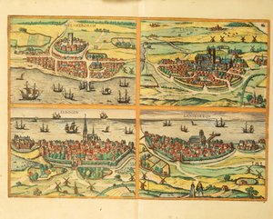 Helsingborg, Lund, Malmö, Elbogen och Landskrona, från Världsstäderna, Köln av Georg Braun and Hogenberg Franz