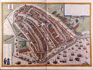 Karta över Amsterdam. Atlas över Braun och Hogenberg. Amsterdam 1588 av Georg Braun and Hogenberg Franz