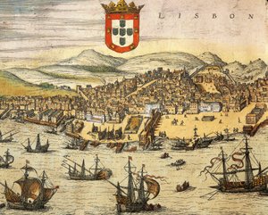 Karta över staden Lissabon, från Civitates Orbis Terrarum av Georg Braun och Franz Hogenberg, gravyr av Georg Braun and Hogenberg Franz