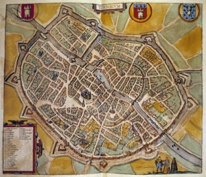 Karta över staden Tours i Frankrike. Gravyr från atlasen över "Braun och Hogenberg"" 1572 av Georg Braun and Hogenberg Franz