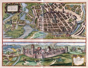 Poznan och Krosno, Polen (gravyr av Georg Braun and Hogenberg Franz