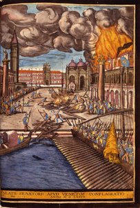 Den stora branden i hertigpalatset på Markusplatsen i Venedig 1577. Gravyr av George Braun I "Civitatis Orbis Terrarum" Volym I skriven av Franz Hogenberg (1535-1590).