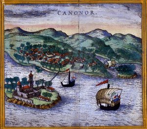 Utsikt över Canonor (eller Cannanore) i Indien från en upplaga av "Civitates Orbis Terrarum" av Braun och Hogenberg av Georg Braun and Hogenberg Franz