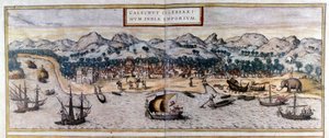 Utsikt över Kozhikode eller Calicut i Indien från Atlas "Civitates Orbis Terrarum" av Braun & Hogenberg av Georg Braun and Hogenberg Franz