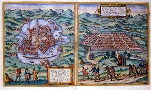 Utsikt över Mexico City (Mexiko) och Cuzco (Peru). Atlas Braun & Hogenberg av Georg Braun and Hogenberg Franz