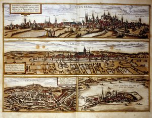 Vy över de tyska städerna Nürnberg och Ulm, Salzburg, Österrike. Gravyr från Atlas över "Braun och Hogenberg" 1572 av Georg Braun and Hogenberg Franz