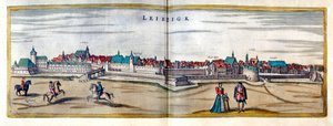 Utsikt över staden Leipzig i Tyskland. Gravyr från atlasen över "Braun och Hogenberg" från början av 1600-talet av Georg Braun and Hogenberg Franz