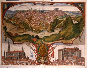 Utsikt över staden Toledo på 1500-talet. Gravyr av George Braun i "" Civitatis Orbis Terrarum"" Volym I skriven av Franz Hogenberg (1535-1590) av Georg Braun and Hogenberg Franz