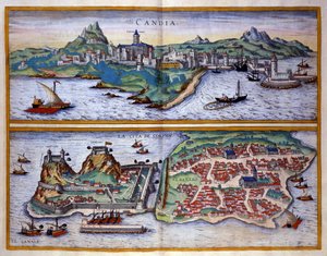 Utsikt över hamnen i Candie (dagens Heraklion) på Kreta och hamnen på Korfu i Grekland Gravyr av George Braun i "" Civitatis Orbis Terrarum""" Volym I skriven av Franz Hogenberg (1535-1590) av Georg Braun and Hogenberg Franz