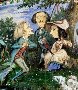 Fan av karikatyrer målade i gouache av George Sand (Aurore Dupin, Baronne Dudevant) (1804-1876) och Auguste Charpentier (1815-1880): detalj som föreställer bokstäverkvinnan George Sand, omgiven av Eugene Delacroix (mitten) och Franz Liszt. 1800-talet