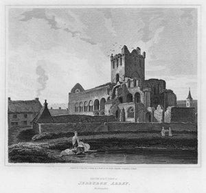 Sydostvy över Jedburgh Abbey, Roxburgshire (gravyr)