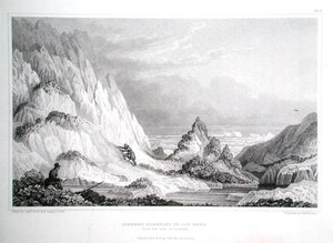 Isberg som fäster vid iskalla rev, med utsikten mot havet, från "Narrative of a Journey to the Shores of the Polar Sea in the Years 1819-22" av Sir John Franklin (1786-1847) graverad av Edward Finden (1791-1857) publicerad 1823-28 (gravyr)