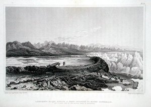Sjösättning av båtar över ett rev mittemot Mount Conybeare, från "Narrative of a Journey to the Shores of the Polar Sea in the Years 1819-22" av Sir John Franklin (1786-1847) graverad av Edward Finden (1791-1857) publicerad 1823 -28 (färggravyr)