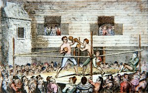 En sparringmatch på fives court, London, från ett tryck publicerat 1812 (lito i färg)