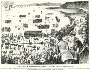 Punch tecknad: Low Tide on Scarborough Sands - Badande under svårigheter (gravyr) av George (after) Du Maurier