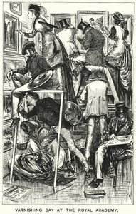 Punch cartoon: Varnishing Day at the Royal Academy (gravyr) av George (after) Du Maurier
