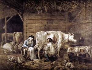The Cowshed mezzotint efter George Morland (1763-1804) engelsk konstnär. Cowman mjölkar i hink. Milkmaid väntar och håller i oket som hinkar bärs på. Höloft: Lykta: höns. Milkmaids "snygg" eftersom inte märkt av smittkoppor som Kokoppor gav immunitet.
