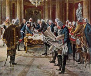 Fredrik den store håller krigsråd med sina generaler, augusti 1756 (förstärkt färglitografi) av George (after) Schobel