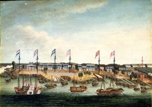 Hongs i Kanton, före 1820 (olja på elfenben) av George (follower of) Chinnery