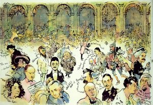 Kända ansikten utanför Florians på Piazza San Marco, Venedig, ca 1990 (gouache på hardboard med bläck på acetatöverlägg) av George Adamson