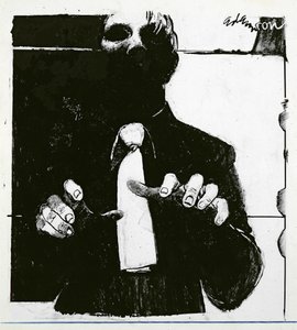 Illustration för Nursing a Blind Patient en artikel i Nursing Times, publicerad 30 oktober 1975 (bläck på acetat) av George Adamson