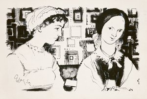 Jane Austen (1775-1817) och Charlotte Bronte (1816-55) - ett imaginärt möte (indisk bläck ombord) av George Adamson