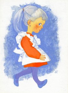 Liten flicka med förkläde, 1970-tal (gouache på gessoed hardboard) av George Adamson