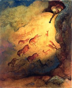 Mr Punch som grottutforskare ger djuren i Lascaux en skräck, opublicerad uppdrag av Punch, 1968 (gouache på hardboard)
