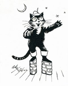 Puss in (tegelväggplattform) stövlar (bläck på genomskinlighet över vitt kort) av George Adamson