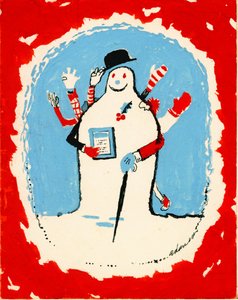 Snögubbe med många armar, 1970-tal (gouache på kort)