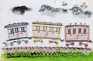 The Steam Train, del II, 1952 (indisk bläck och penna & tvätt på papper) av George Adamson