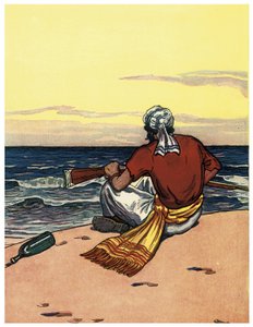 En pirat överger på en öde ö tittar på horisontlinjen Illustration från "The Boys Books of Pirates"" av George Albert Williams (1875-1932) 1914