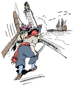 Ett piratskepp som jagar ett skepp Illustration från "Pojkens bok om pirater och de stora sjörövarna"" av George Albert Williams (1875-1932) 1900 av George Alfred Williams