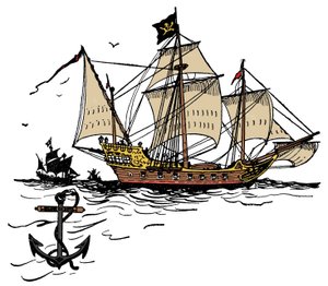Ett piratskepp utanför Turtle Island i Karibiska havet Illustration från "The boy