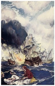 Brulot laddning av sprängämnen kastar mot ett fartyg Illustration från "" Pirates of Panama or The Buccaneers of America"" av George Albert Williams (1875-1932) 1914