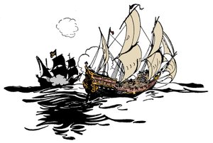 Pirater närmar sig ett skepp Illustration från "The boy